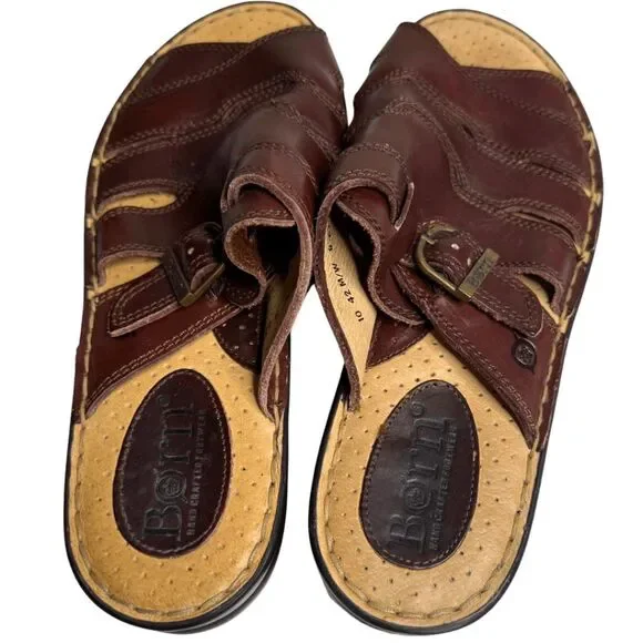 Born Women's Handcrafted Leather Buckled Strappy‎ Slide Sandals Brown Size 10 - Picture 4 of 9